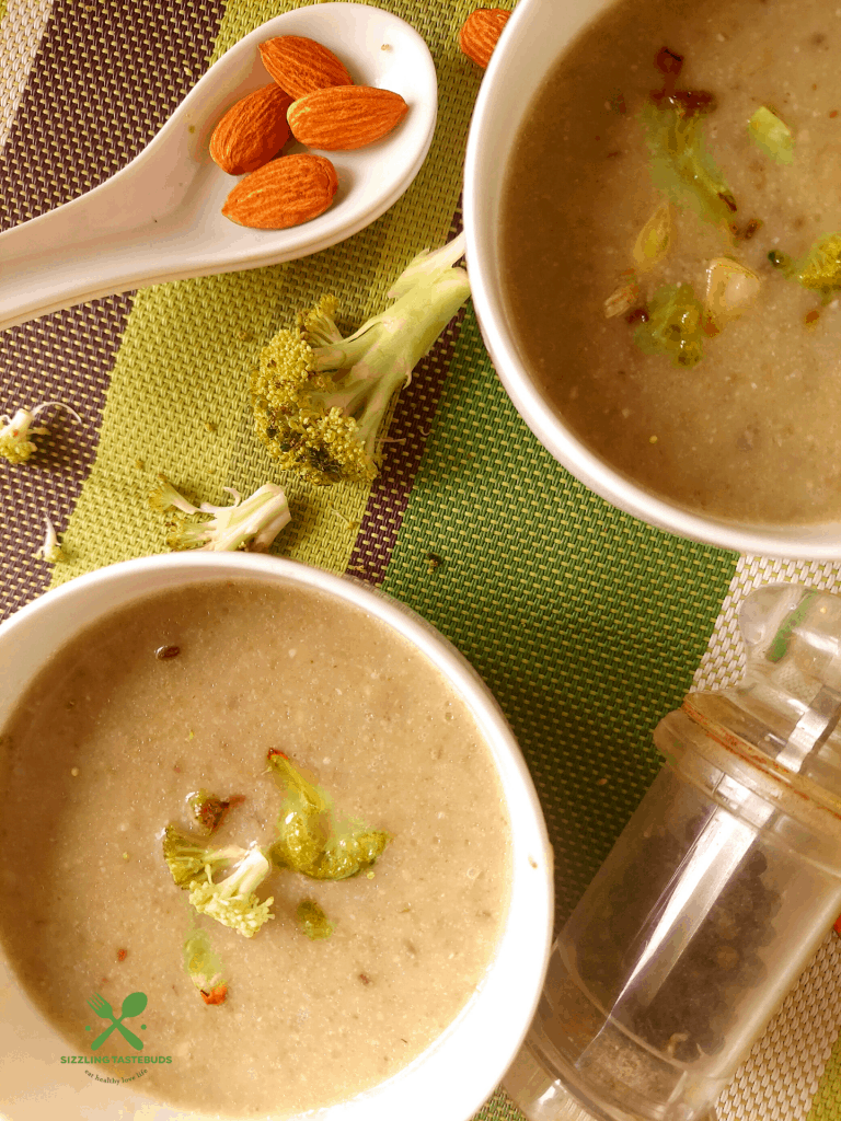 Broccoli Almond Soup is a Vegan, Gluten Free Soup made with the goodness of broccoli, almonds simmered in a homemade veg broth. Makes for a filling appetiser or even a meal.