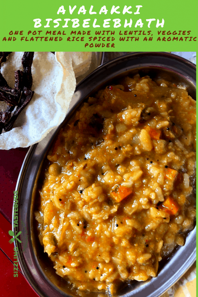 A Karnataka special One Pot Meal made with Lentils, veggies and flattened rice spiced with an aromatic powder.