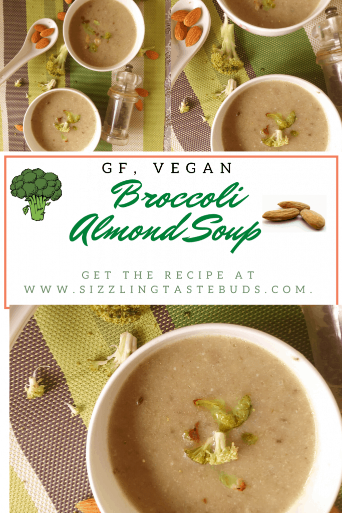 Broccoli Almond Soup is a Vegan, Gluten Free Soup made with the goodness of broccoli, almonds simmered in a homemade veg broth. Makes for a filling appetiser or even a meal.