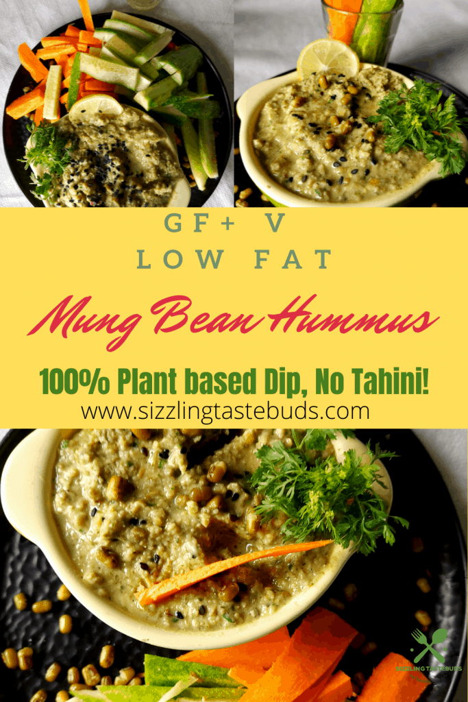 Mung Bean Hummus (Moong Bean Hummus) is a healthy, low fat, low oil hummus or dip made with Whole Green Mung Beans and basic pantry spices.