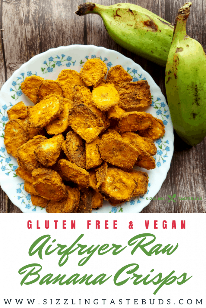 Airfryer Banana Crisps is a low cal and low carb GF, Vegan Snack made with raw banana, Chickpeas flour and basic spices. SErved as a side or a snack