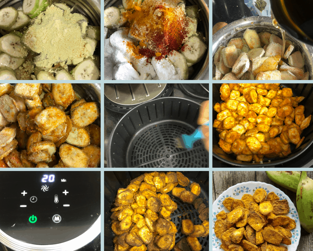 Airfryer Banana Crisps is a low cal and low carb GF, Vegan Snack made with raw banana, Chickpeas flour and basic spices. SErved as a side or a snack