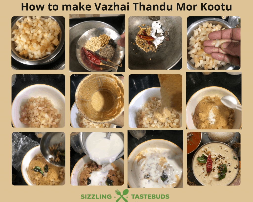 Vazhai Thandu Mor Kootu is a spiced curry made with yoghurt and tender banana stem. This is usually served with Sambhar and steamed rice.