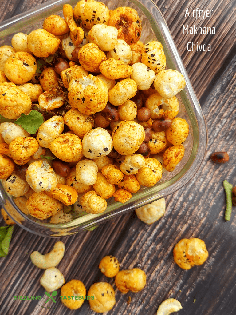 Makhana or fox nuts are roasted in the airfryer with minimal spices and almost no oil to make a crunchy, addictive AND healthy snack. Fox nuts are high in protein and fibre and makes for a delectable treat