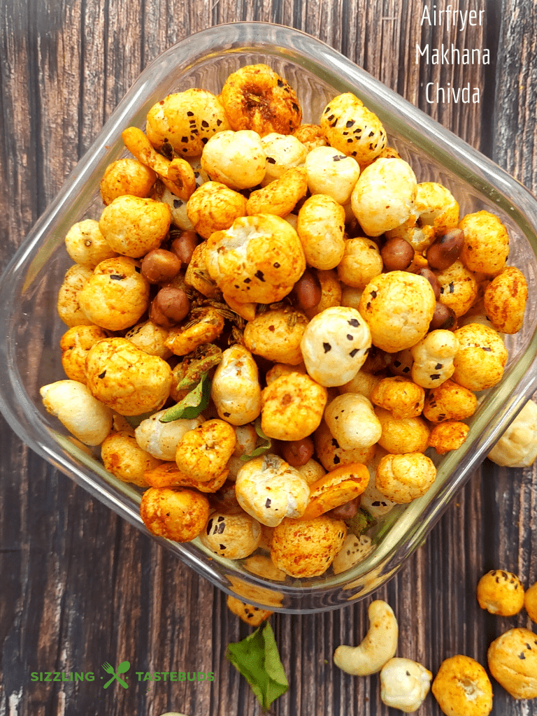 Makhana or fox nuts are roasted in the airfryer with minimal spices and almost no oil to make a crunchy, addictive AND healthy snack. Fox nuts are high in protein and fibre and makes for a delectable treat