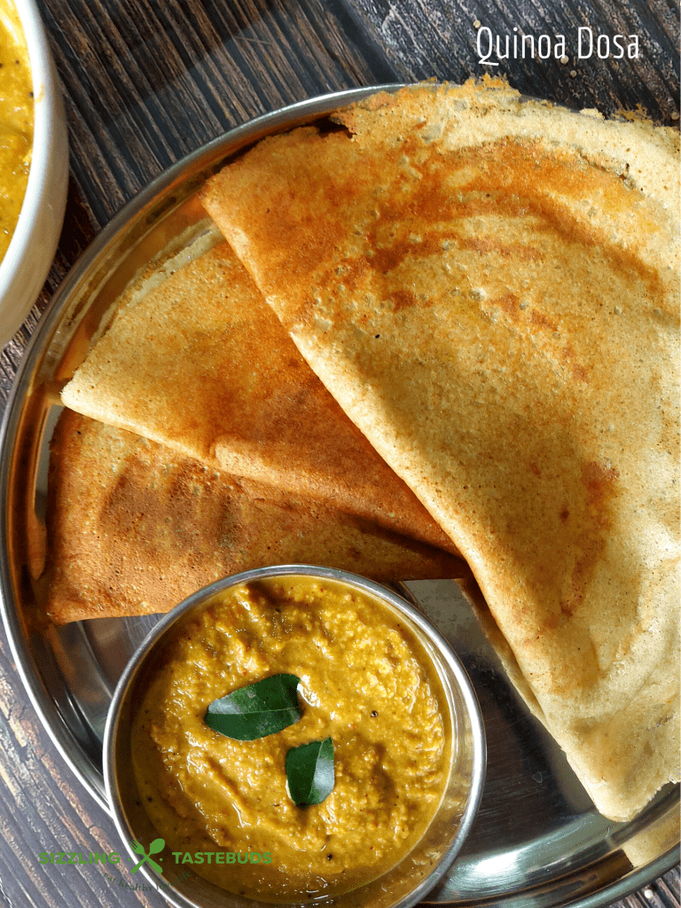 No Rice Quinoa Dosa is a dosa or Indian Savory Crepe made with Quinoa served for breakfast or brunch. This is diabetic friendly (made without rice) , Gluten Free, and Vegan.