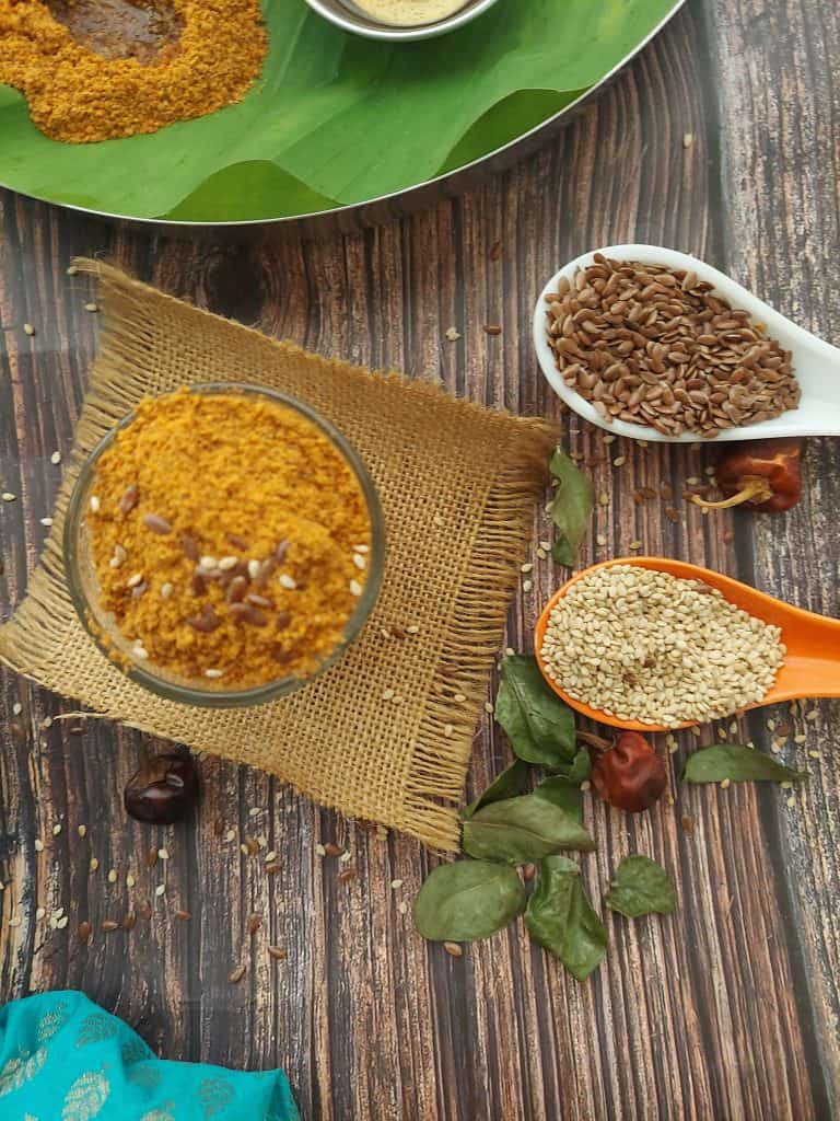 Flaxseed Molagapodi or Flaxseed Spiced Lentil Powder is a spicy condiment made in South India. It is served with Idli, Dosa, uttapams or with steamed rice.