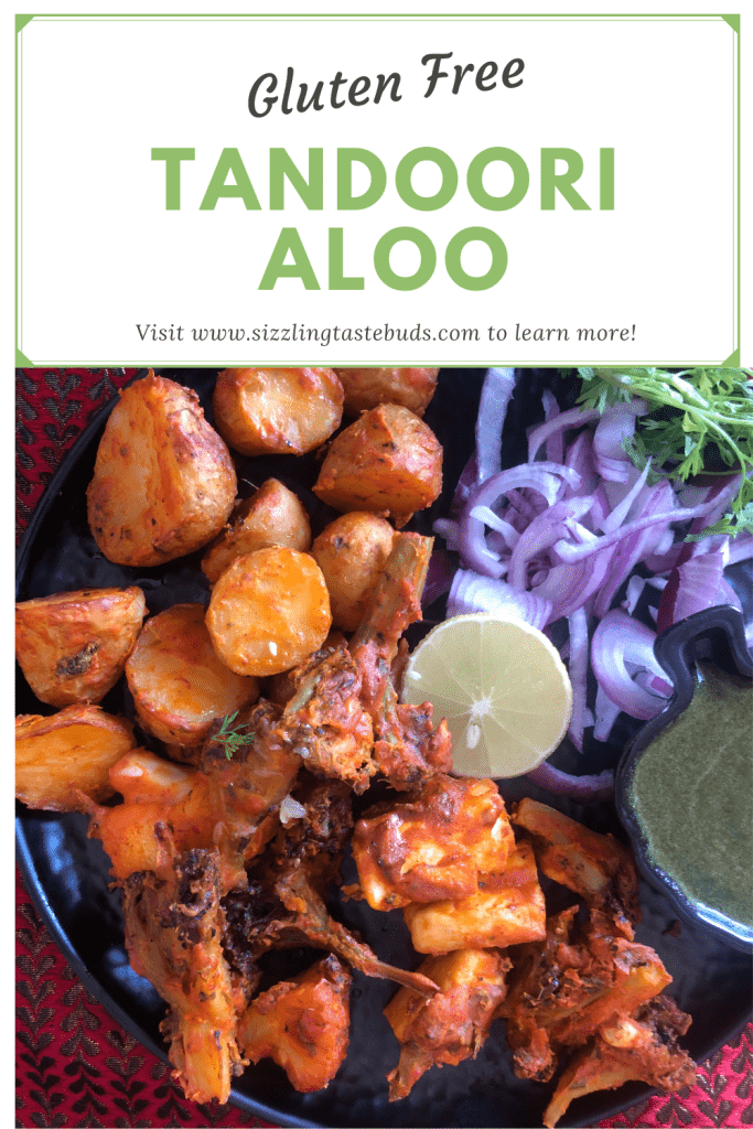 Tandoori Aloo is a gluten free snack made with marinated baby potatoes baked in a Tandoor (or an oven) and served with a spicy-tangy coriander mint sauce and a salad on the side.