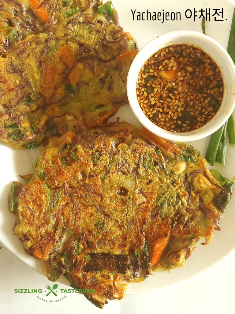 Vegan Yachaejeon (Korean pancakes) are savoury pancakes loaded with veggies and served with a dipping sauce. Can be served for breakfast or snack