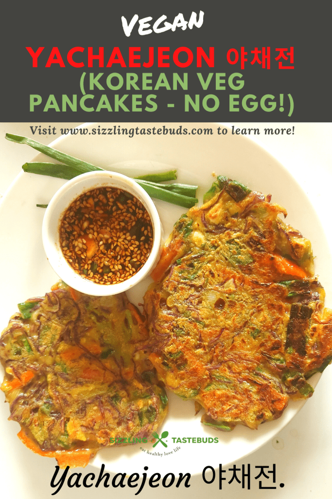 Vegan Yachaejeon (Korean pancakes) are savoury pancakes loaded with veggies and served with a dipping sauce. Can be served for breakfast or snack