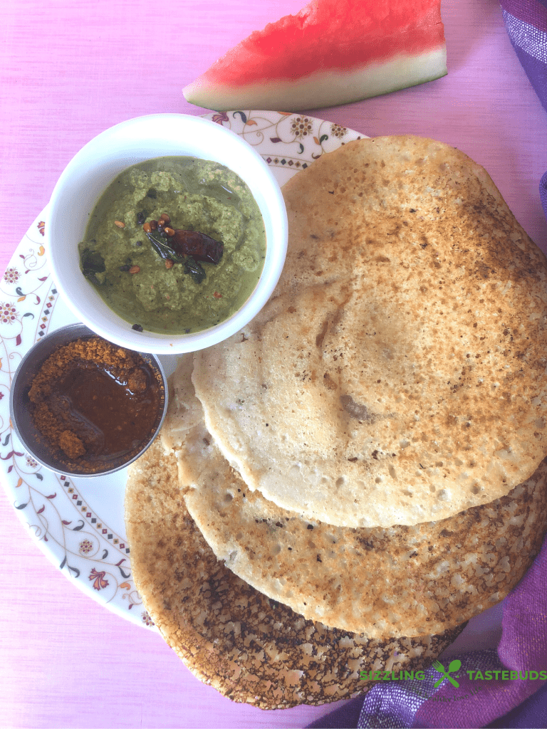 Watermelon Rind Dosa is a Gluten Free + Vegan soft and spongy Dosa made with Watermelon rind and basic pantry essential. No lentils added. Served as breakfast or snack