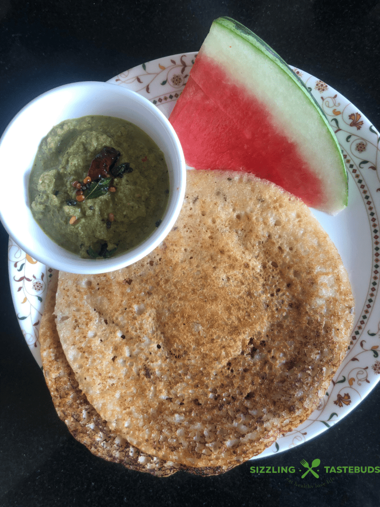 Watermelon Rind Dosa is a  Gluten Free + Vegan soft and spongy Dosa made with Watermelon rind and basic pantry essential. No lentils added. Served as breakfast or snack