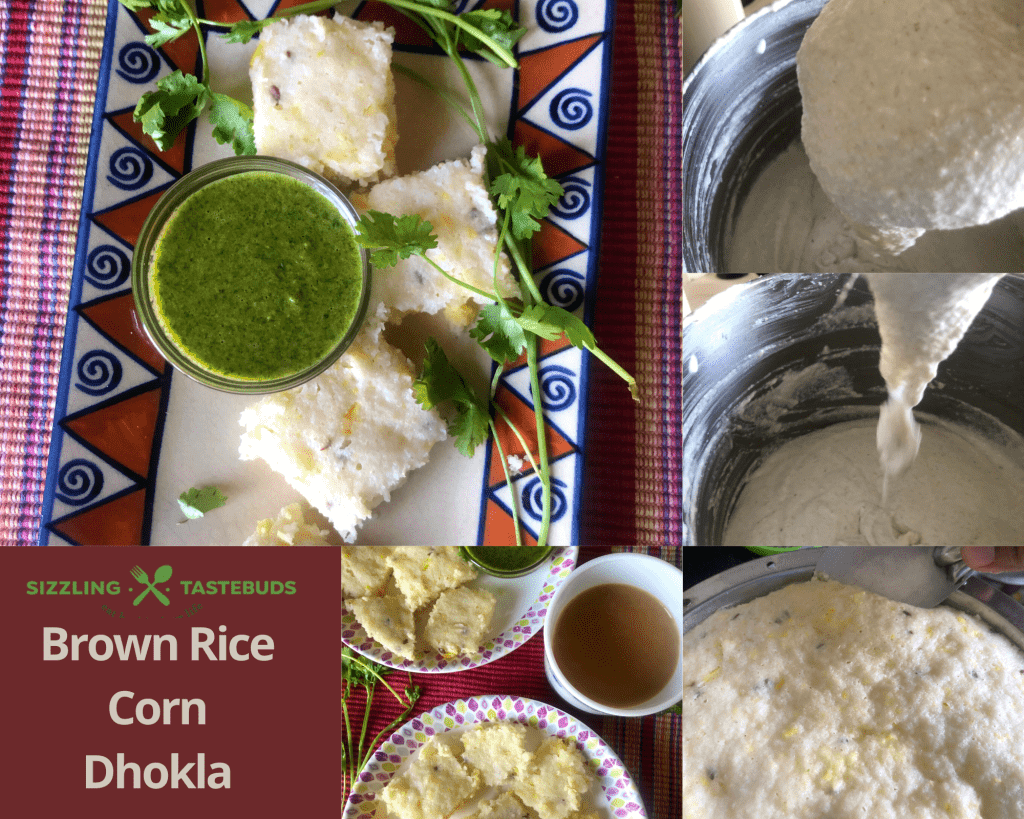 Brown Rice Corn Dhokla is a Gluten free steamed snack, made from Brown Rice and Corn. Served with Mint - Coriander Chutney