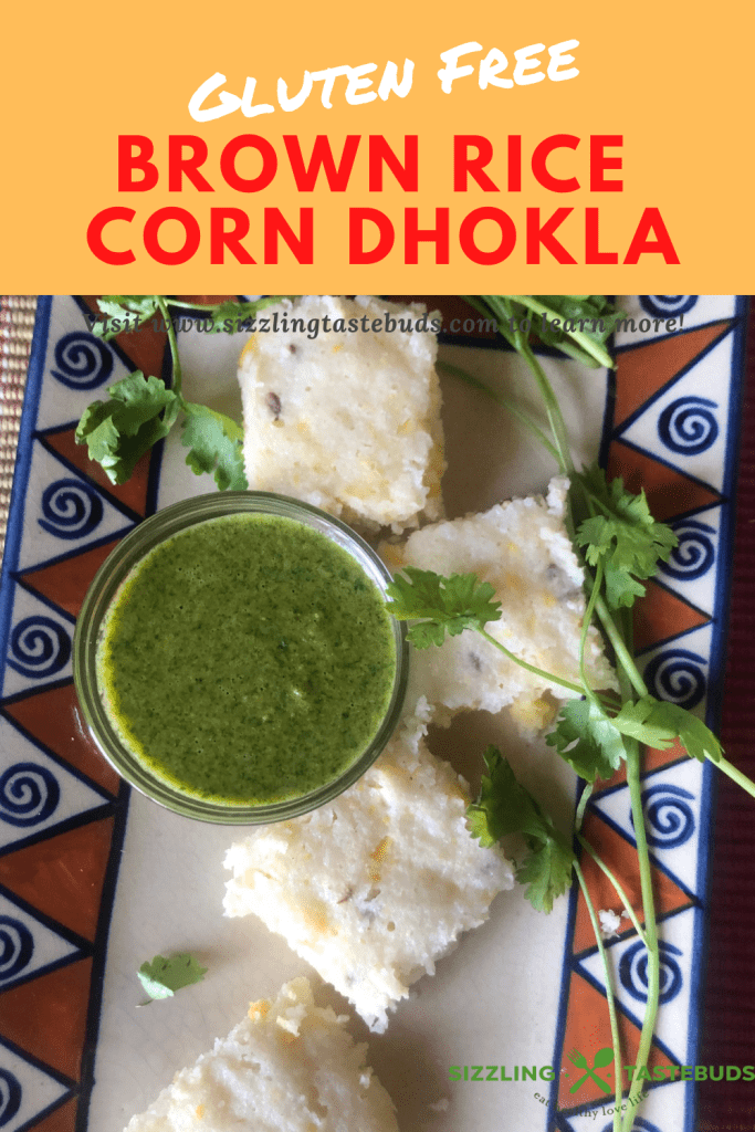 Brown Rice Corn Dhokla is a Gluten free steamed snack, made from Brown Rice and Corn. Served with Mint - Coriander Chutney
