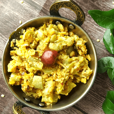 South Indian style Snake gourd stir fry with Moong dal Spice Mix served with Sambhar or Kuzhambu