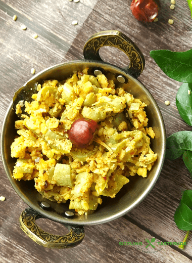 South Indian style Snake gourd stir fry with Moong dal Spice Mix served with Sambhar or Kuzhambu