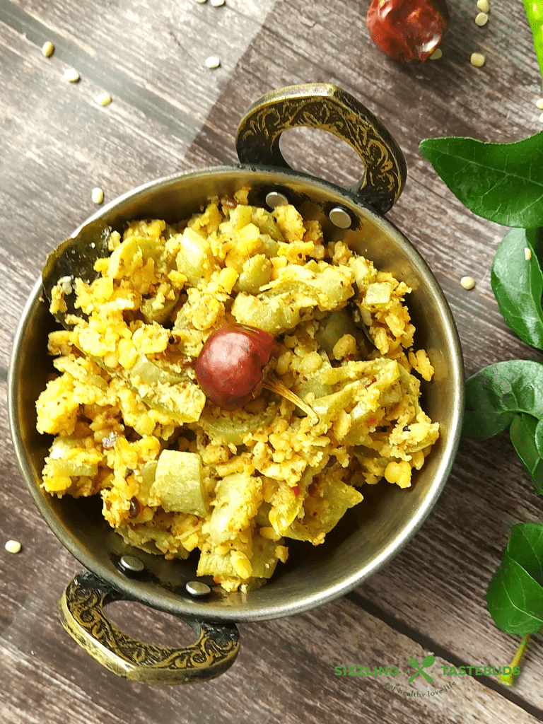 South Indian style Snake gourd stir fry with Moong dal Spice Mix served with Sambhar or Kuzhambu