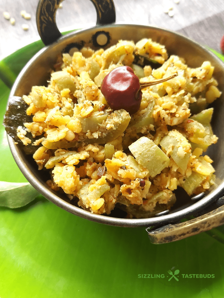 South Indian style Snake gourd stir fry with Moong dal Spice Mix served with Sambhar or Kuzhambu