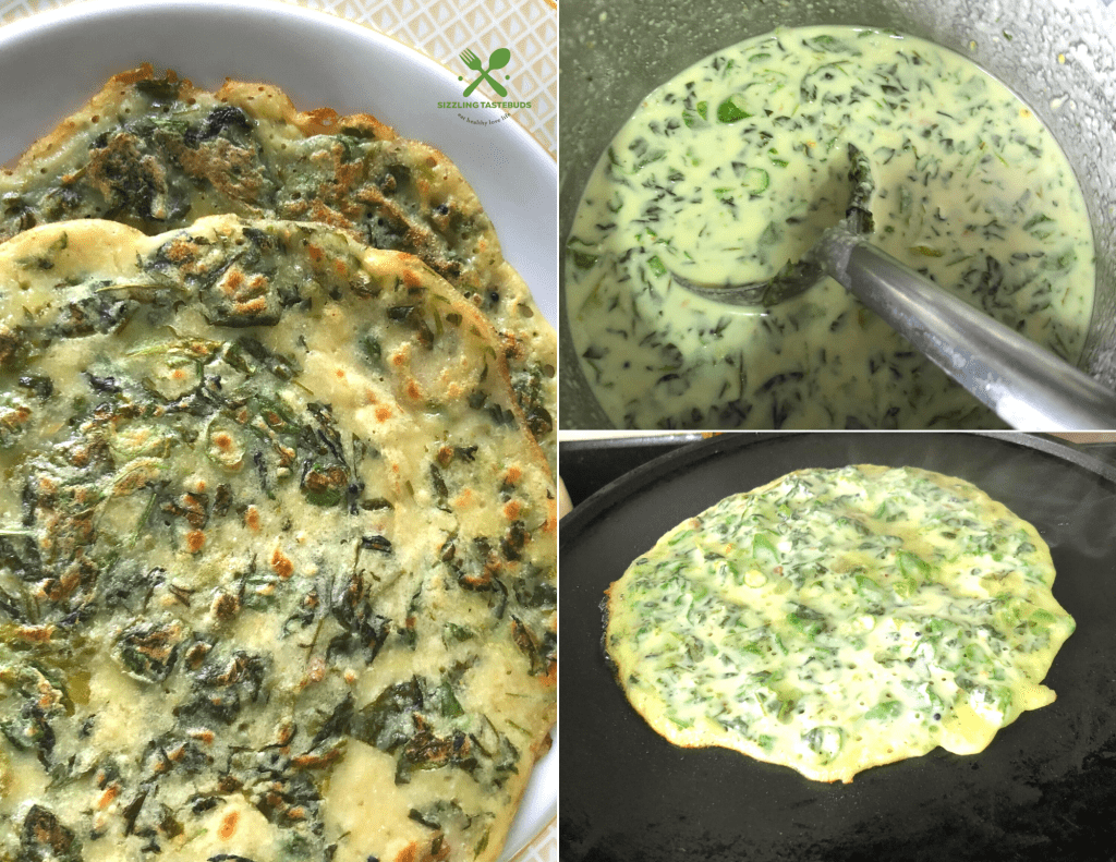 Besan Methi Cheela is a high protein Gluten Free + Vegan Savory pancake made with Fresh Fenugreek leaves and Chickpea flour.