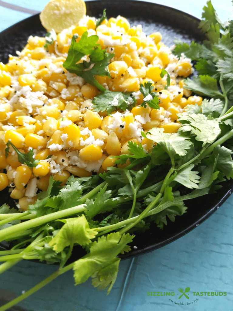 Corn Kosambari is a quick and delicious tossed salad made with Sweet corn. Tempered lightly and served as a snack or offering on festivals.