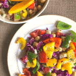 Roasted Peppers Chickpeas and Mango Salad is a light, delicious Gluten Free and Vegan Summery salad that comes together in minutes and feeds a crowd!