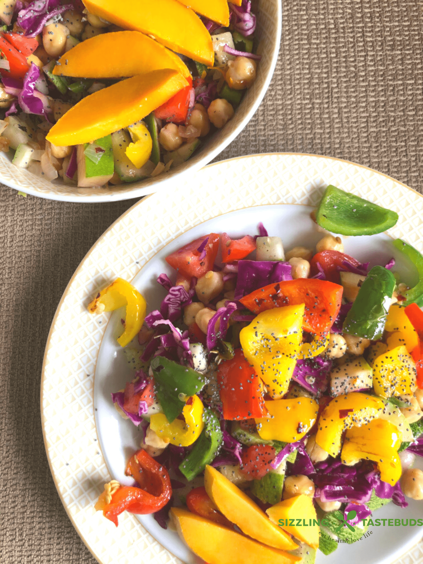 Roasted Peppers Chickpeas and Mango Salad is a light, delicious Gluten Free and Vegan Summery salad that comes together in minutes and feeds a crowd!