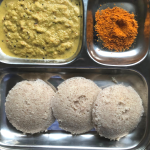 Ragi Idli is a fermented Idli (steamed savoury breakfast) made with Finger Millet and Lentils. Served with Sambhar & chutney as Breakfast / Snack