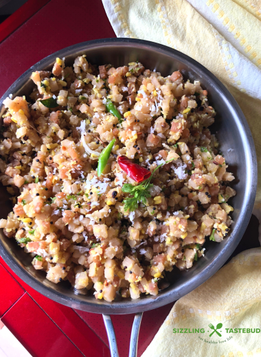 Gabbya Upkari or Gabbe Upkari is a Konkani style stir fry made with Banana Stem. Served with steamed rice + curry