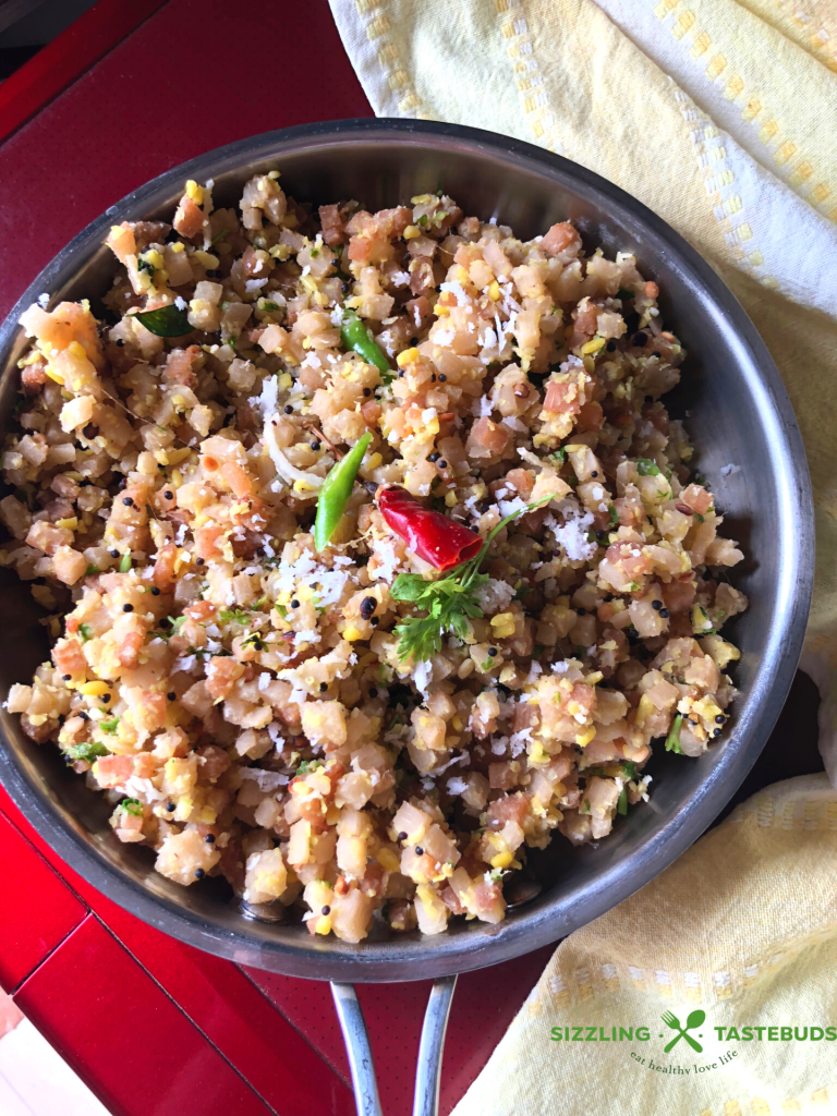 Gabbya Upkari or Gabbe Upkari is a Konkani style stir fry made with Banana Stem. Served with steamed rice + curry