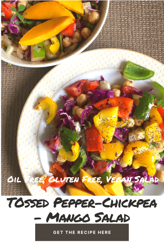 Roasted Peppers Chickpeas and Mango Salad is a light, delicious Gluten Free and Vegan Summery salad that comes together in minutes and feeds a crowd!