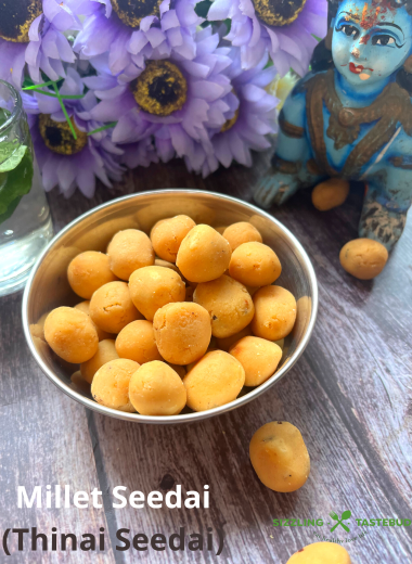 Thinai Seedai or Cheedai are crispy crunchy, deep fried savoury flour based snacks made with Millet flour , usually made for festivals like Krishna Janmashtami or served as a snack with tea or coffee.