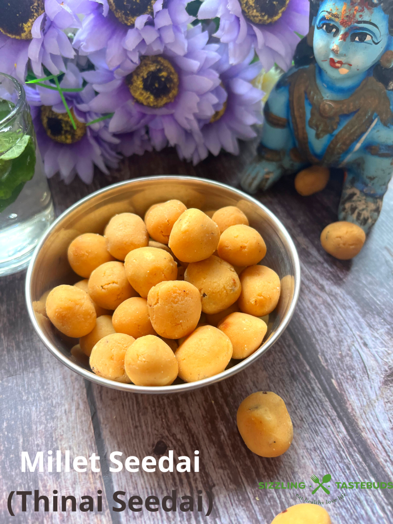 Thinai Seedai or Cheedai are crispy crunchy, deep fried savoury flour based snacks made with Millet flour , usually made for festivals like Krishna Janmashtami or served as a snack with tea or coffee.