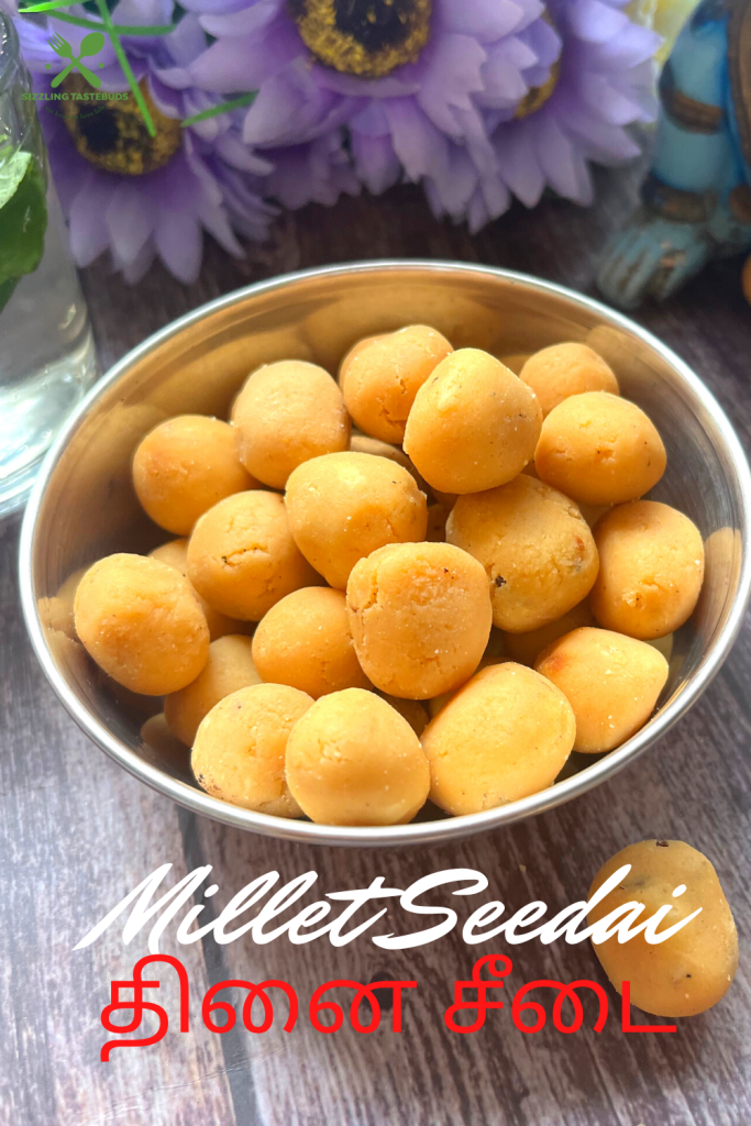 Thinai Seedai or Cheedai are crispy crunchy, deep fried savoury flour based snacks made with Millet flour , usually made for festivals like Krishna Janmashtami or served as a snack with tea or coffee.