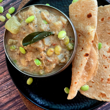 Chayote Squash and hyacinth beans curry cooked in an aromatic spice base. This Gluten Free and Vegan Kurma is best served with Roti / Chapati/ Puri or Ghee Rice in South Indian Cuisine.