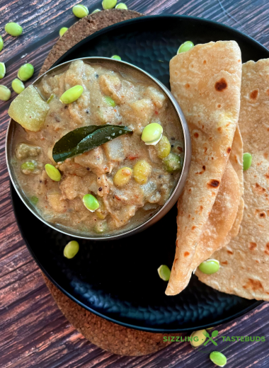 Chayote Squash and hyacinth beans curry cooked in an aromatic spice base. This Gluten Free and Vegan Kurma is best served with Roti / Chapati/ Puri or Ghee Rice in South Indian Cuisine.