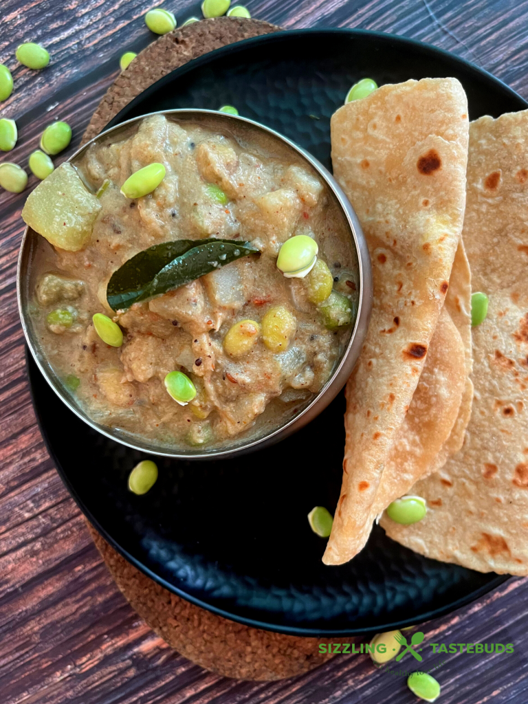 Chayote Squash and hyacinth beans curry cooked in an aromatic spice base. This Gluten Free and Vegan Kurma is best served with Roti / Chapati/ Puri or Ghee Rice in South Indian Cuisine.
