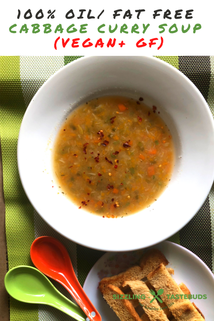 An oil free Cabbage curry soup loaded with fresh veggies, homemade stock gently simmered with spices