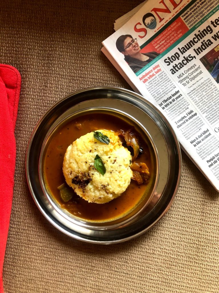 Ven Pongal is a classic dish from Tamilnadu where Rice and lentils are cooked to a pudding consistency. Offered to God at temples or made for a quick breakfast too