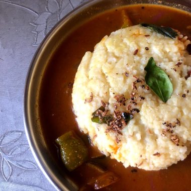 Ven Pongal is a classic dish from Tamilnadu where Rice and lentils are cooked to a pudding consistency. Offered to God at temples or made for a quick breakfast too