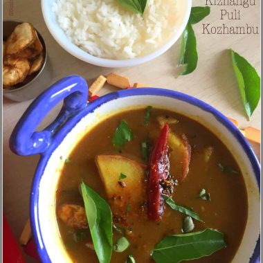 Sakkarvalli Puli Kuzhambu is a traditional Vegan tangy-spicy curry made with Sweet Potatoes in a Tamarind sauce-served with hot rice