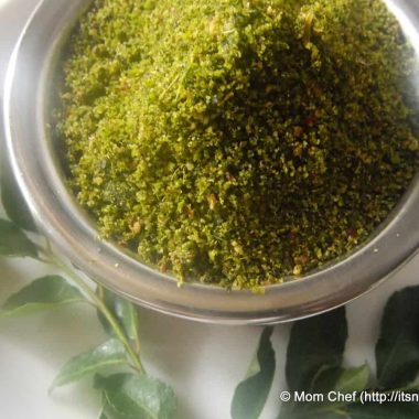 This podi is a delicious, Vegan + GF iron-rich Spice powder (Condiment) made with Curry leaves, lentils and basic spices. Eaten with steamed rice or with Idli / Dosa.