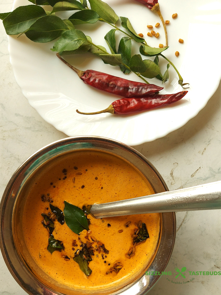 Menthye Thambli is a quick and easy curry made with fenugreek seeds, yogurt and basic kitchen spices. it is a great digestive and perfect for the summer months. Served with hot rice