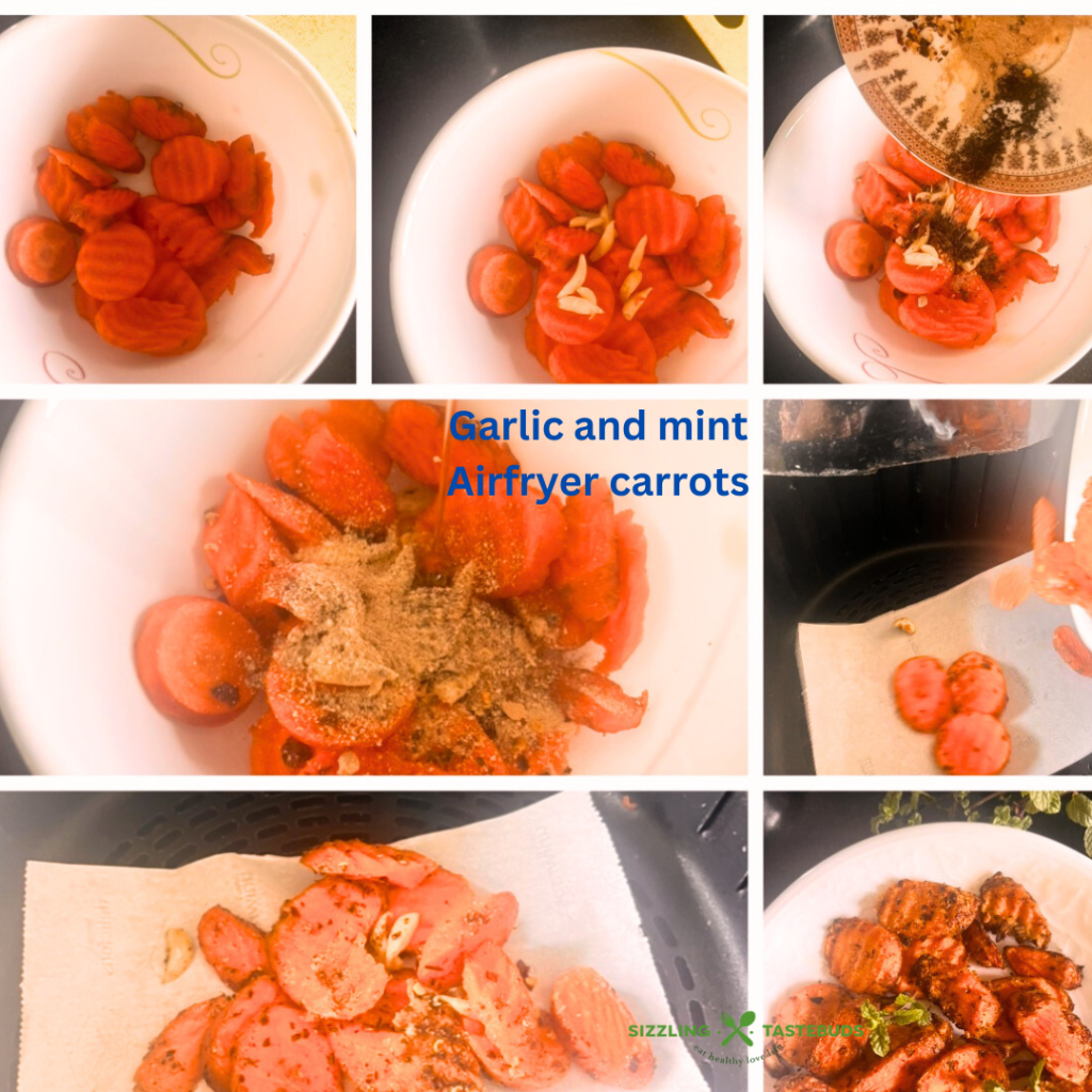 Garlic and Mint come together with carrots in this fuss free, Vegan + GF delicious dish that is made in minutes in an air fryer. Serve as a side or enjoy as a meal !  