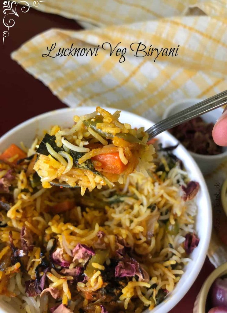 Vegetarian Lucknowi biryani is a fragrant and flavorful rice dish made with basmati rice, aromatic spices, vegetables, and saffron-infused milk.
