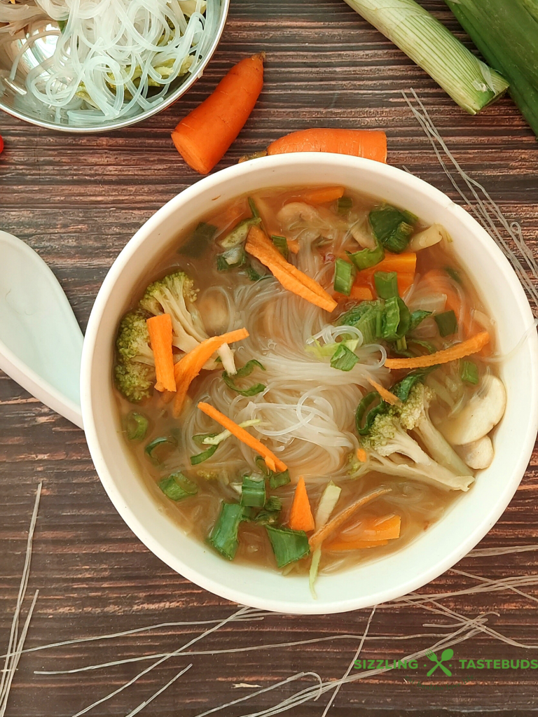 Vegan Glass noodle soup is a light comforting soup made with glass noodles (bean thread noodles), Asian veggies simmered in a homemade broth