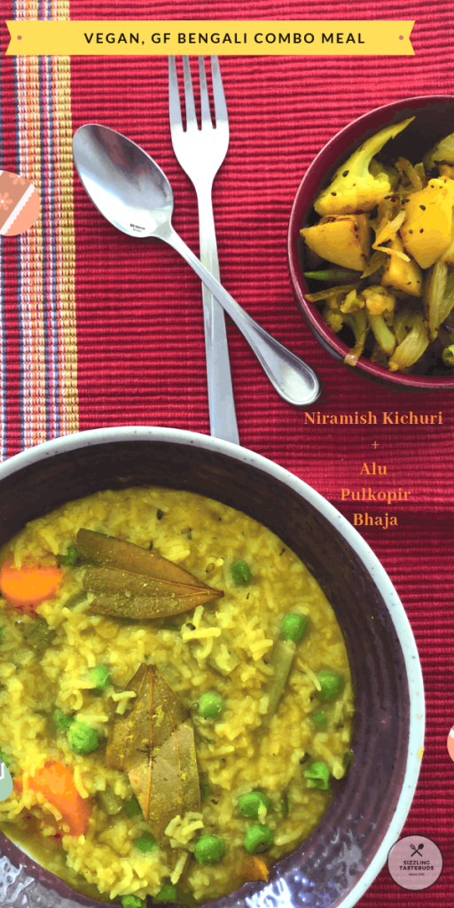 Niramish Kichuri is a Bengali staple with rice and lentils cooked in a satvik (no onion no garlic) base with vegetables. Served for lunch or brunch with a veggie side.