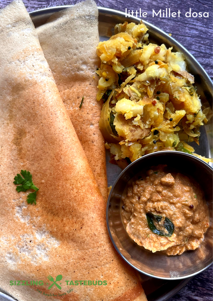Little Millet dosa is a no-rice Dosa / Indian Crepe made with unpolished Little Millets and Lentils. It makes for a filling, Gluten Free vegan Breakfast or brunch option and is served with Chutney / Sambhar etc
