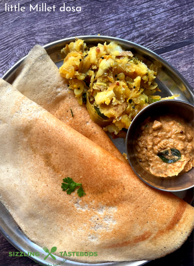 Little Millet dosa is a no-rice Dosa / Indian Crepe made with unpolished Little Millets and Lentils. It makes for a filling, Gluten Free vegan Breakfast or brunch option and is served with Chutney / Sambhar etc