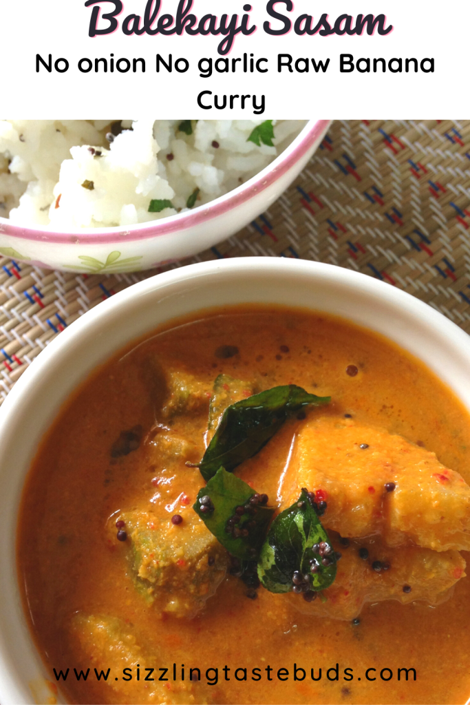 Balekayi Sasive or Sasam is a no onion no garlic Curry made with raw banana simmered in a mustard-coconut sauce. Enjoyed as a side to hot steamed rice in Udupi cuisine.