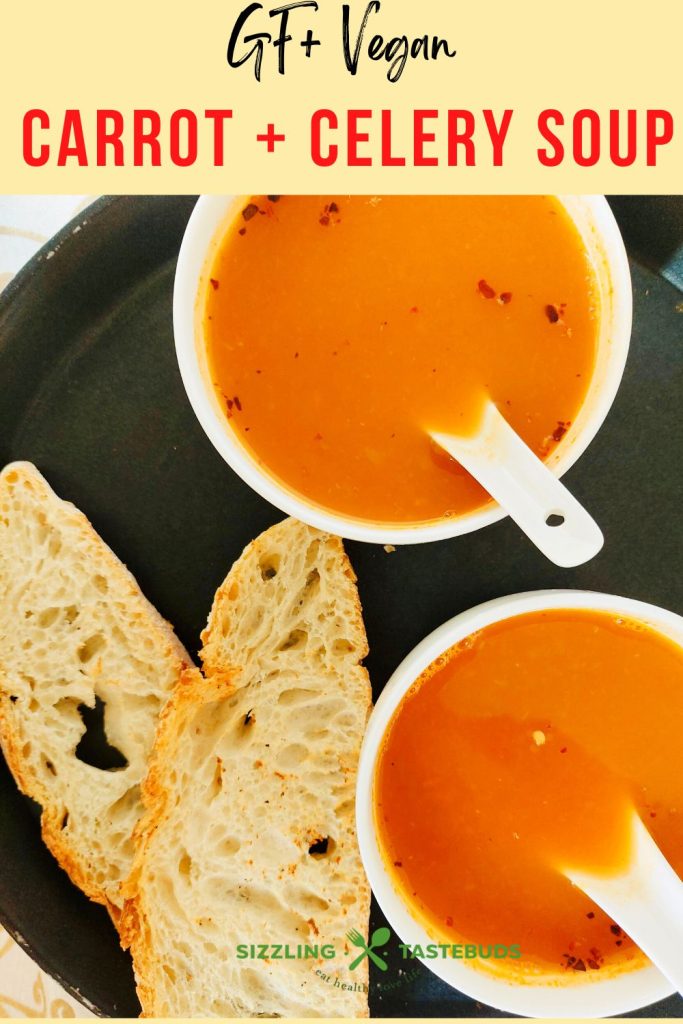 Carrot and Celery come together in a hearty Vegan + Gluten Free Winter-vibe Soup. Perfect for a meal with some toasted bread or a salad.